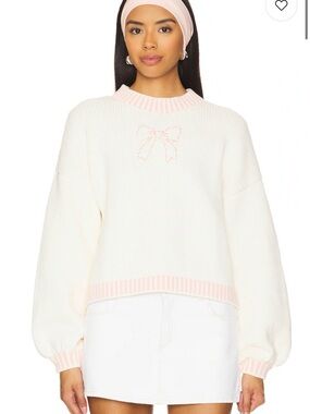 MAJORELLE Cream Sweater with Pink Trim and Bow Accent